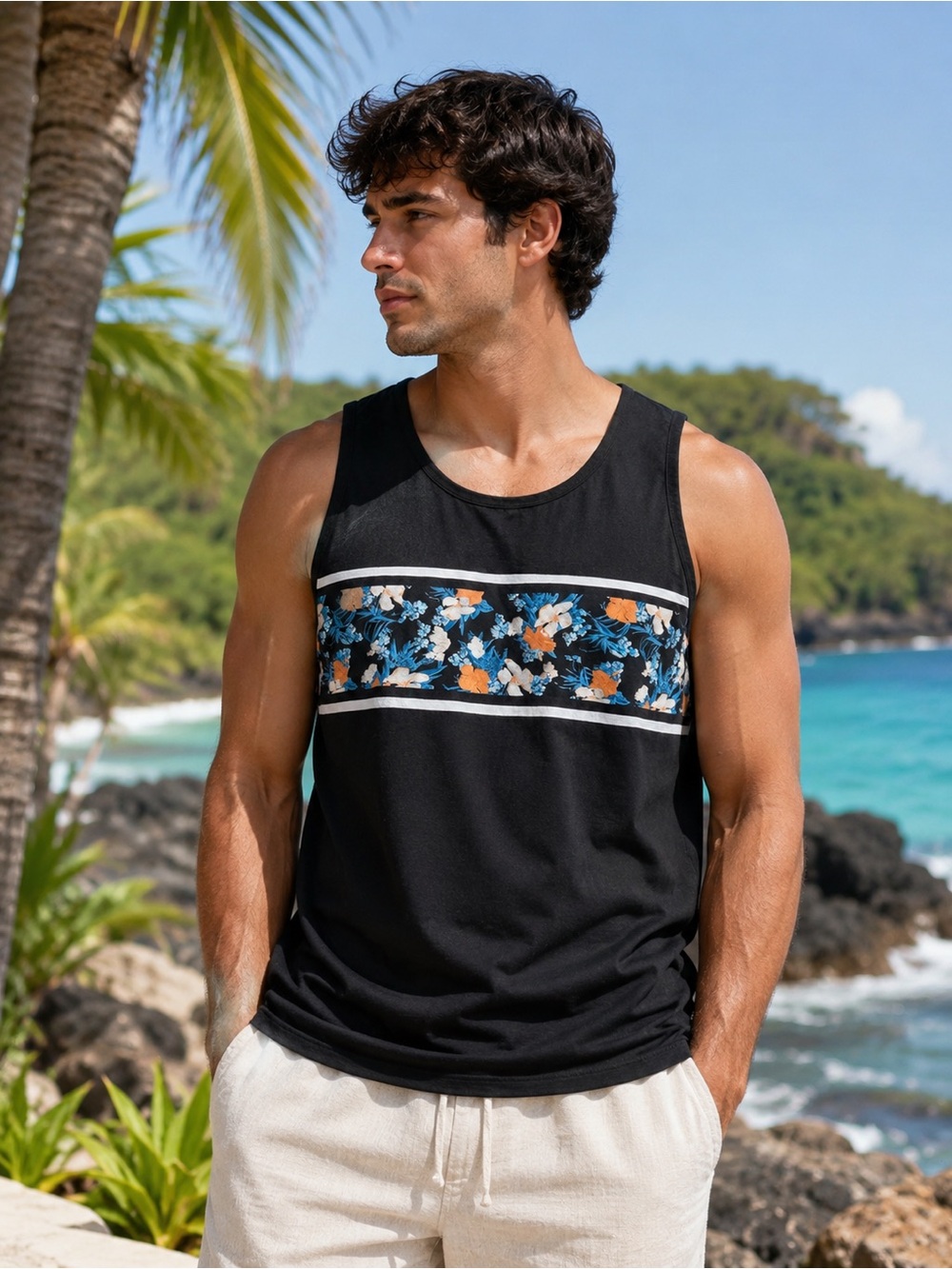 Original Use XL black tropical tank top floral 100% cotton beach summer casual